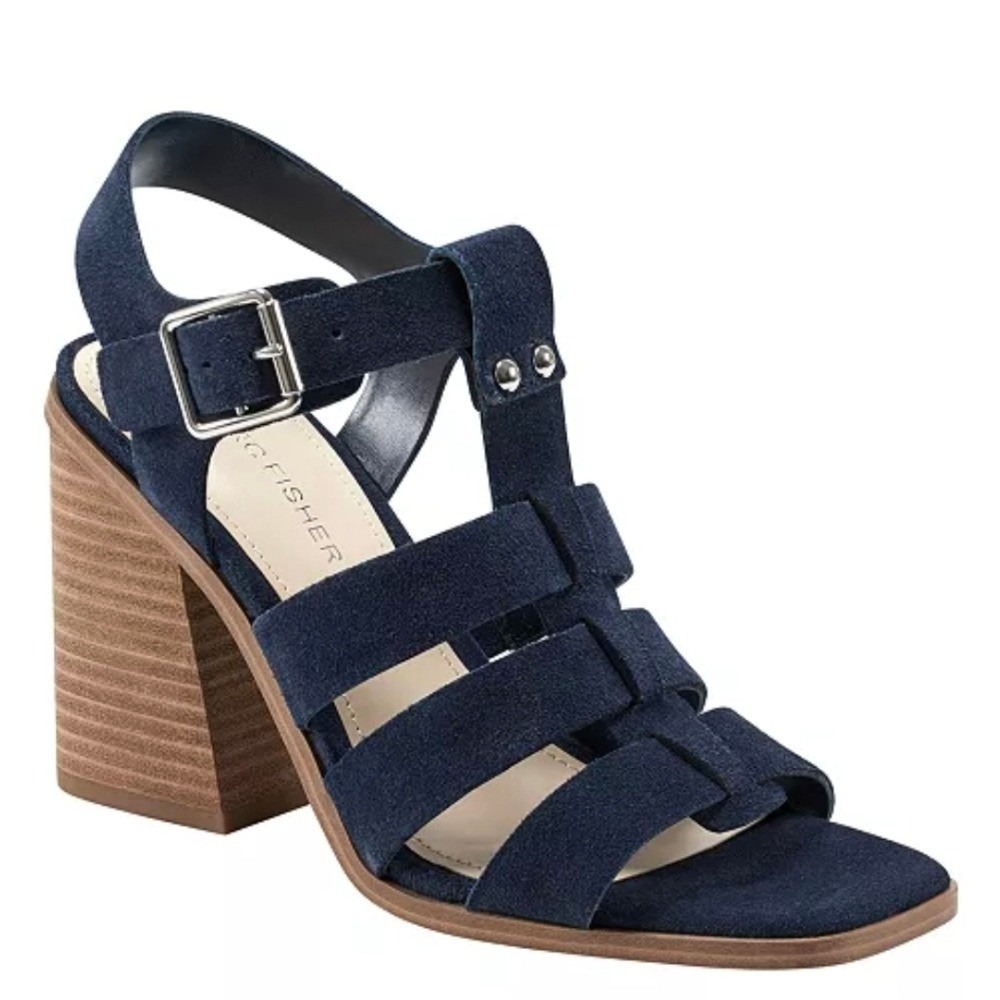 NWB Marc Fisher Fynlee Sandals Dark Blue Suede Cage Block Heel Womens 10 - Picture 9 of 9